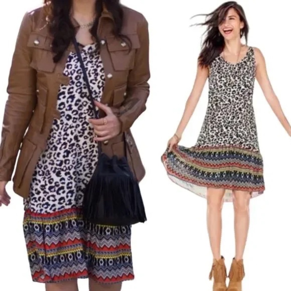 Cabi Leopard Print Slip Dress Drop Waist Ruffle Hem Geometric Animal Print xs